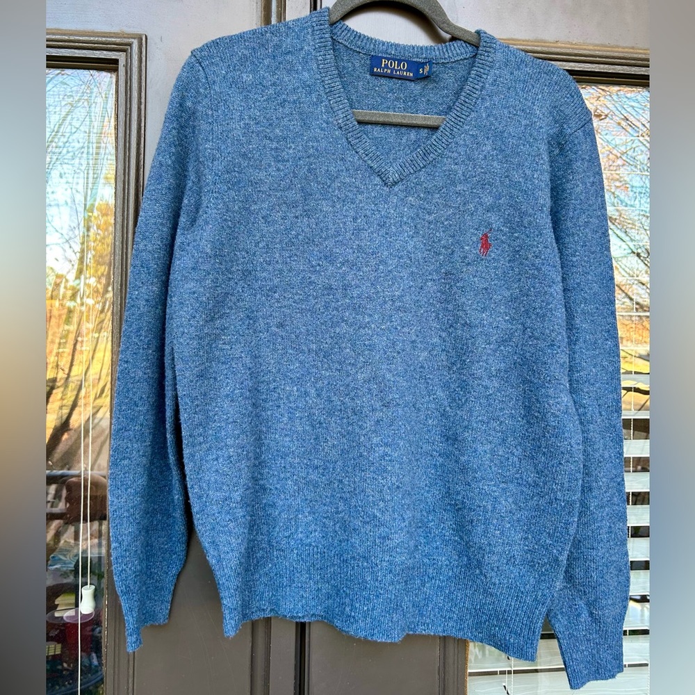 Polo Ralph Lauren 100% Lambs Wool Blue V-Neck Sweater - Men's Small